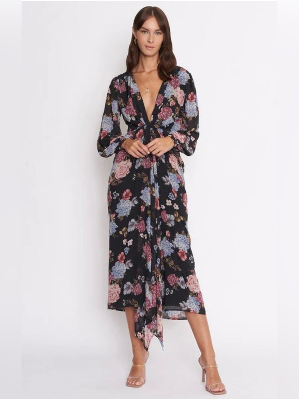 Dee Elly Black Floral Maxi Dress with Pink & Sage Blooms